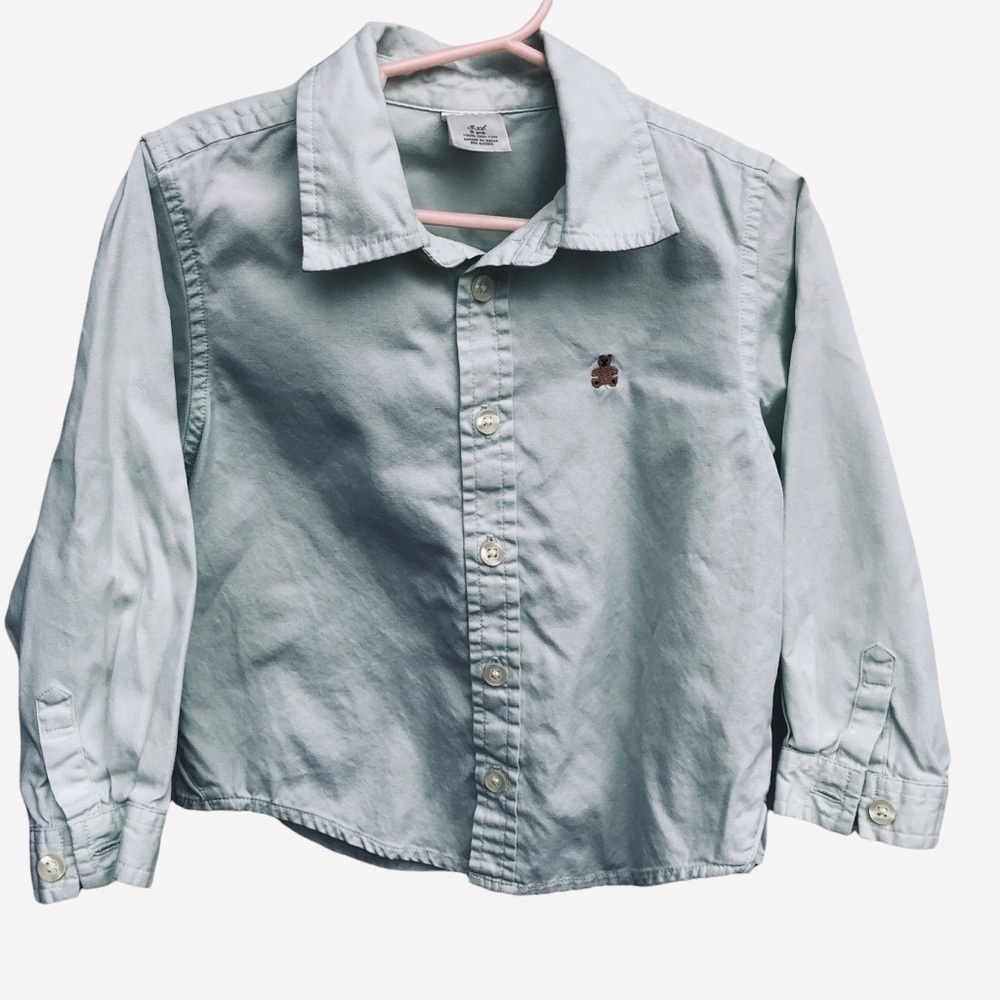 3T baby gap long sleeve mint green button down shirt back pleat & loop